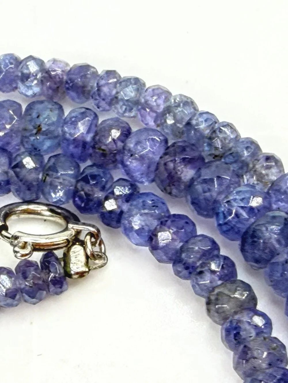 Natural Tanzanite Faceted Bead Necklace 18K White Gold 16.5